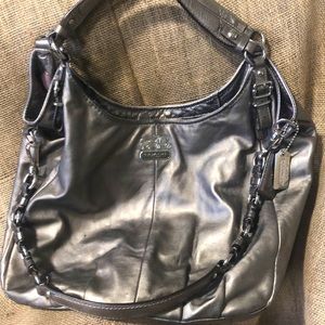 COACH Purse, Metallic Silver with purple lining